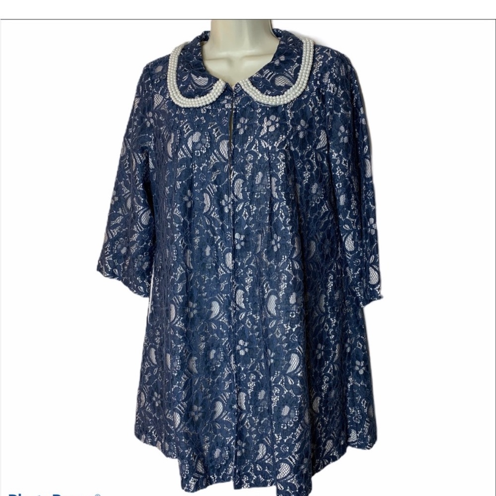 Vintage Pearlcore Blue Lace with Pearl Collar Dress Coat by Stella Medium